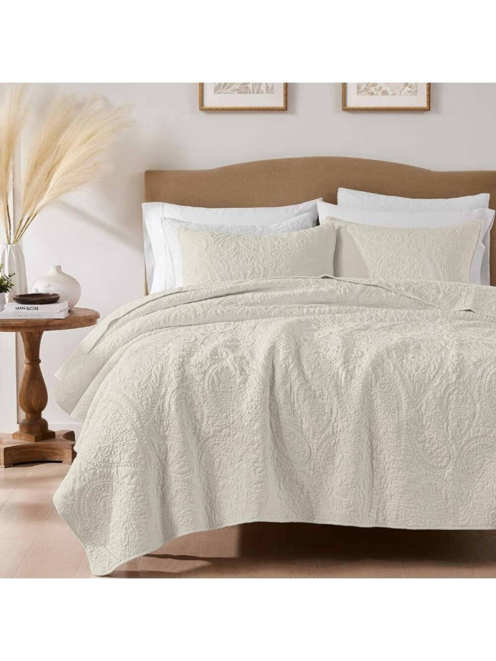 Light Beige 100% Cotton King Size Quilt Set - Elegant Paisley Design, Soft